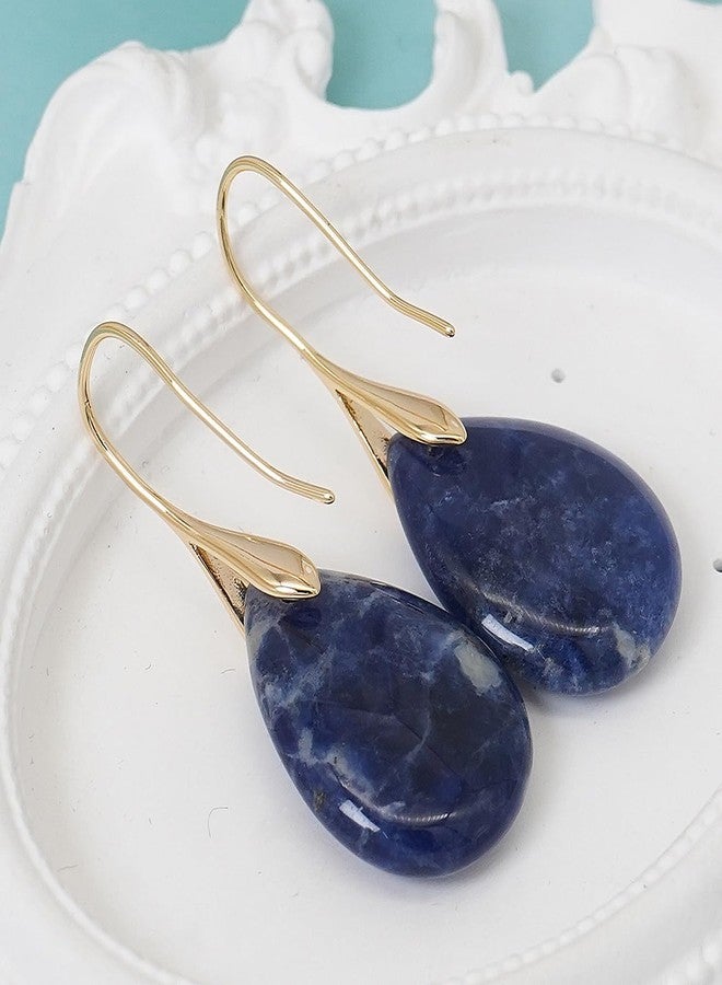 Wovanoo Natural Stone Earrings for Women Boho Dangle Drop Earrings Gemstone Fishhoop Statement Gold Earring Blue Gold - Image 4